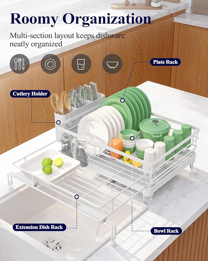 Kitsure Extendable Dish Drying Rack - Rust-Resistant Dish Racks for Kitchen Counter with Adjustable Support Legs, Cutlery Holder & Removable Draining Tray (White, 15.6''-25.2''L × 16.9''W × 8.1''H)