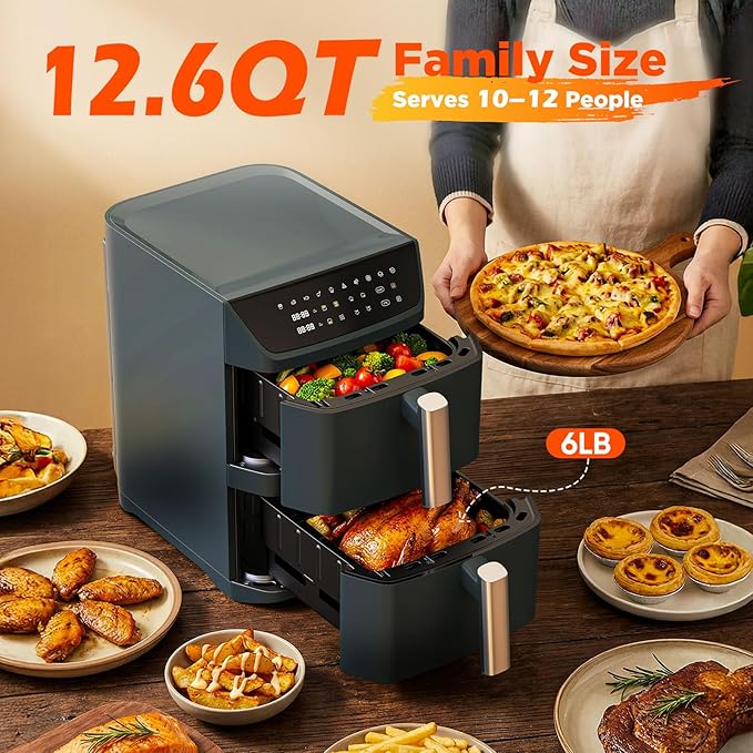 Dual Basket Air Fryer, 12.6QT Family-Size for 10–12 People, XL Basket for 6LB Whole Chicken, DoubleStack Compact Design, 10-in-1 Functions with Reheat, Dehydrate & SyncFinish, Dishwasher-Safe, Gray