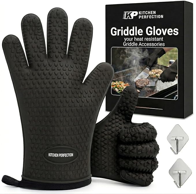 KITCHEN PERFECTION XL Silicone Oven & Griddle Gloves -Extreme Heat Resistant BBQ & Grilling Gloves -Handle Hot Food Right on Your Griddle |Waterproof Oven Mitts Grill Gloves |Superior Set+3 Bonuses