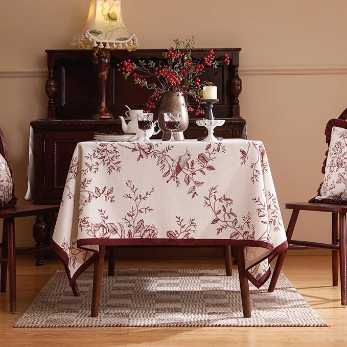 ISAENNE Designer Vintage Linen Small Rectangular Tablecloth,Red Floral Pattern Linen Stain Resistant Table Cloth,Decor Tablecloths for Dining Thanksgiving Kitchen Tea Party,55"*71"-Harmony