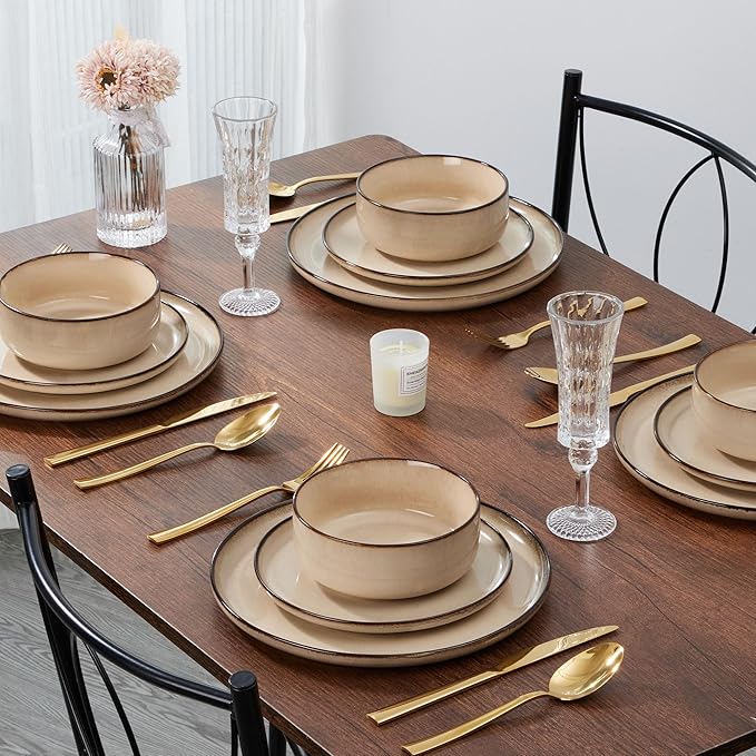 E-far 18-Piece Dinnerware Sets, Stoneware Plates and Bowls Set for 6, Reactive Glaze Dinning Ware Dishes, Microwave & Dishwasher Safe - Sandy Beige