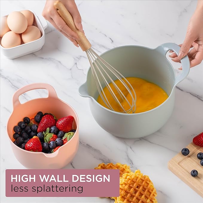 COOK WITH COLOR Nesting Plastic Mixing Bowl Set with Pour Spouts and Handles, Teal and Pink, 4 Piece Non-Slip
