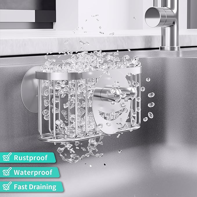 HapiRm Sink Caddy Sponge Holder - 2 Installation Ways Kitchen Sink Organizer with Smiley Face Sponge Holder, Stainless Steel Kitchen Caddy - Silver