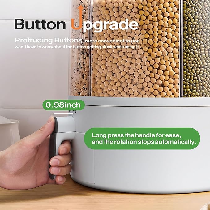 16lb Grain and Rice Storage Container, 6 Grid Rotating Dispenser, Airtight Rice Storage