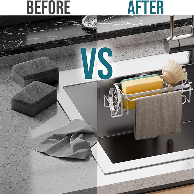 TAILI Sponge Holder with Strong Suction Cup, 4-in-1 Rustproof Sink Organizer - Sink Caddy Holds Sponges, Brushes, Stoppers & Scrapers -Silver
