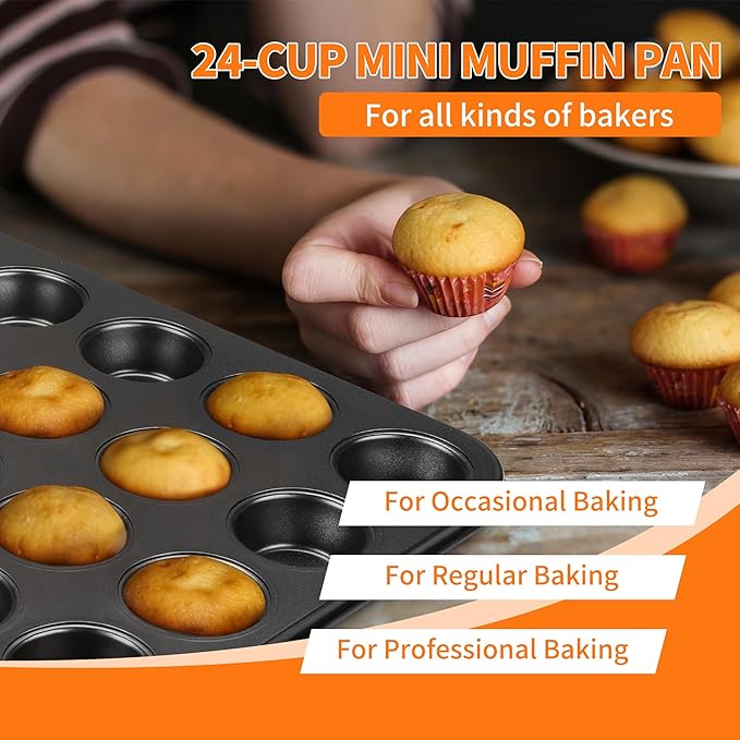 TeamFar 2 Pack Mini Muffin Pan, 24-Cup Non-Stick Carbon Steel Cupcake Tray Tin for Baking, Small Cup Cake Bakeware for Bite-Sized Cheesecake Tart Quiches, Even Baking & Effortless Release & Easy Clean
