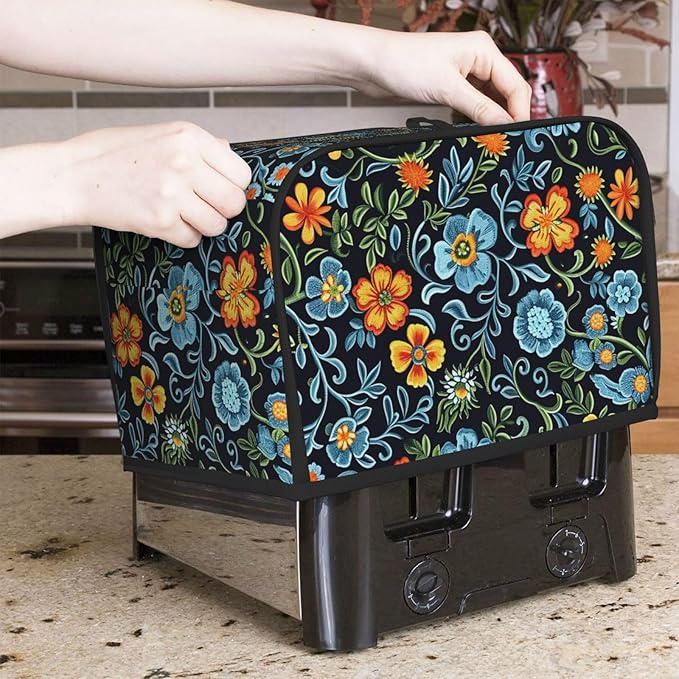 Blue Floral Toaster Cover 2 Slice, Cute Rural Bread Machine Cover, Washable Dust-Proof Cover for Kitchen Small Appliance Cover,with Top Handle