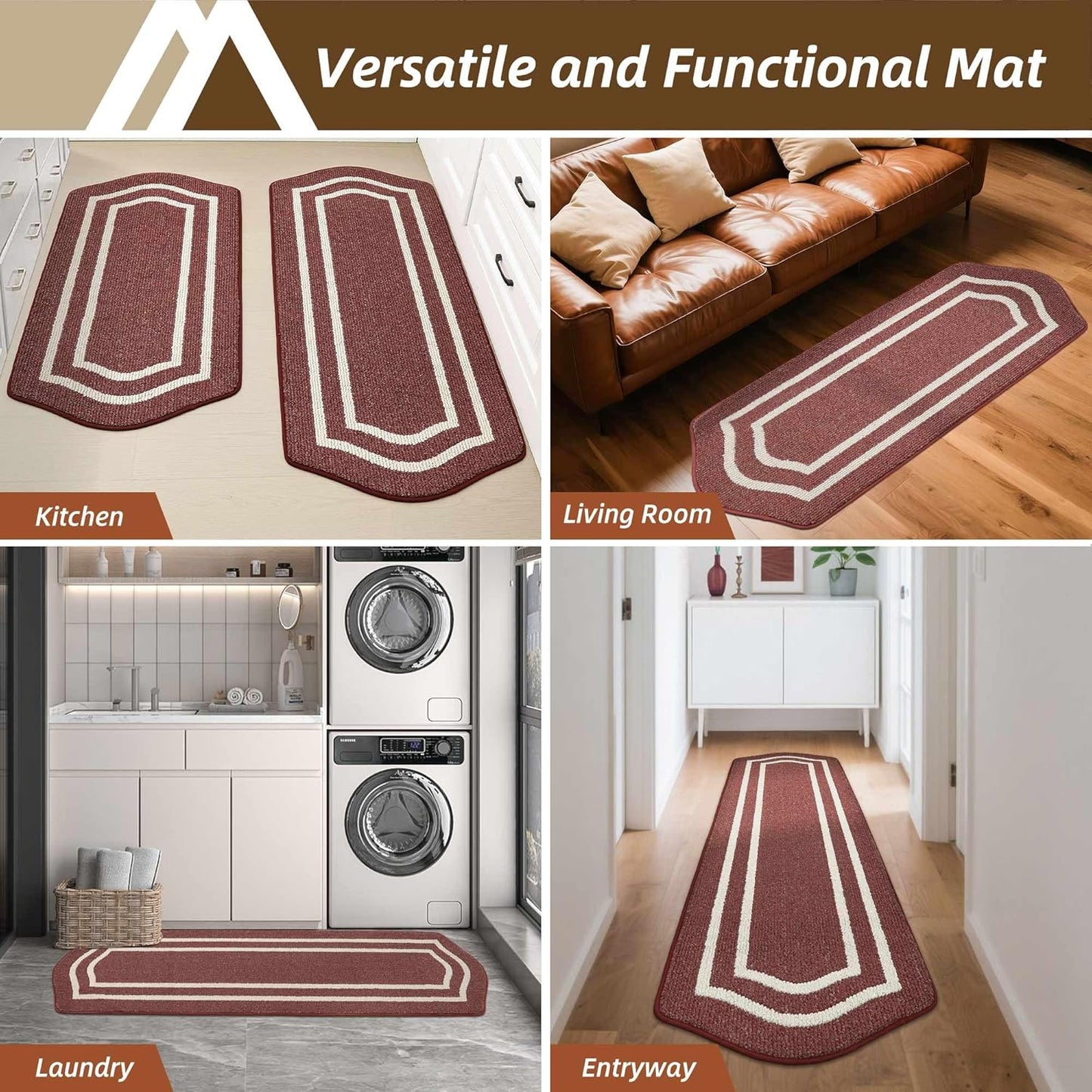 COSY HOMEER Long Kitchen Floor Mats for in Front of Sink Super Absorbent Kitchen Rugs and Mats 24"x79" Non-Skid Kitchen Mat Standing Mat Washable,Polypropylene,Red,Frame