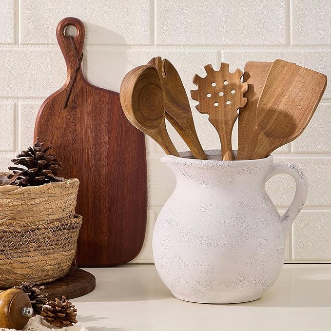 MIYUKI Rustic Kitchen Utensil Holder - 7.6 Inch Ceramic Utensil Crock for Countertop, Vintage Kitchen Counter Decor
