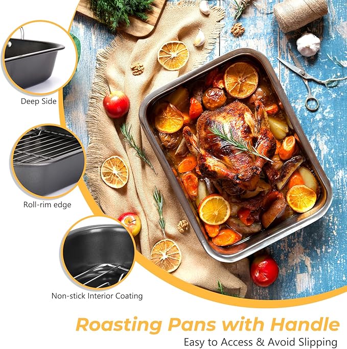 Nonstick Roasting Pan with Rack, 14.5x11.4’’ Baking Pan for Oven with Rack & Silicon Hand Clip, Heavy Duty Dishwasher Safe Rectangular Lasagna Pan with Handle for Turkey Chicken, Dark Grey