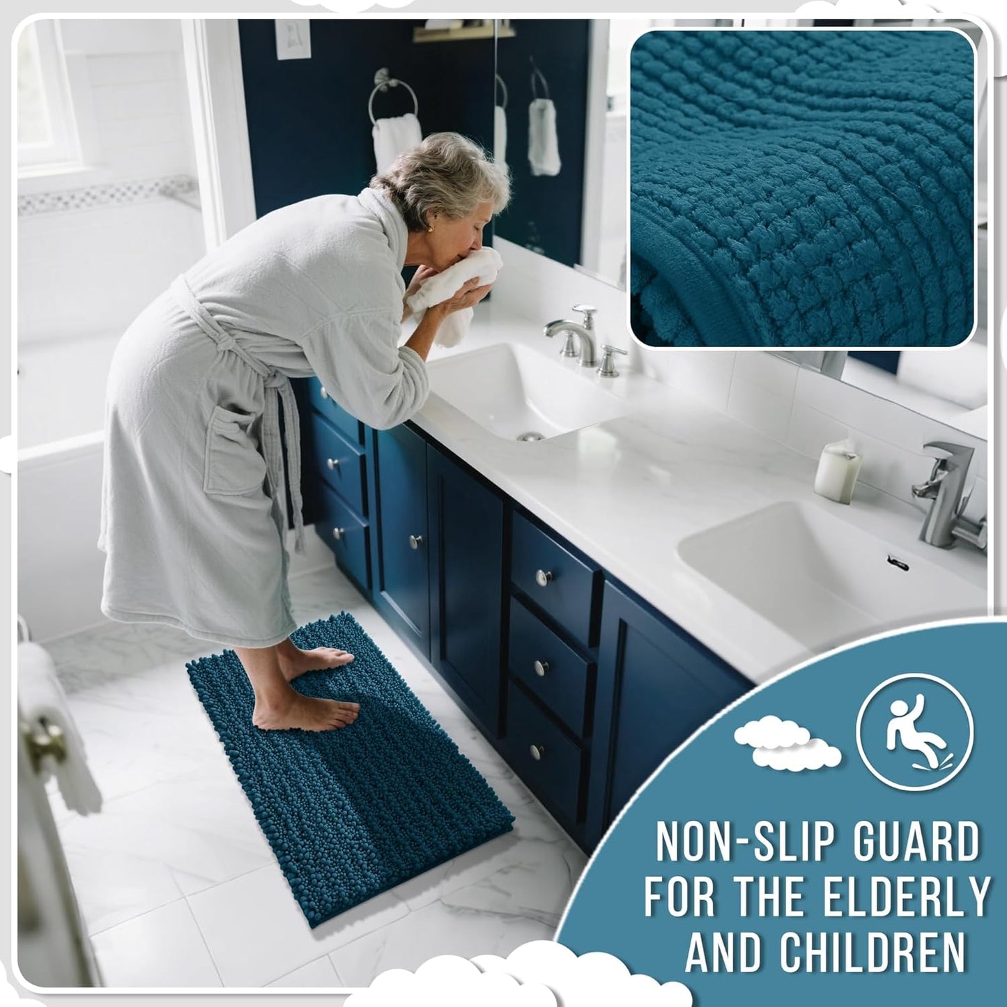 Yimobra Bathroom Rugs Non Slip Washable 32x20 Inch - Ultra Soft Absorbent Chenille Bath Mat, Quick Dry Shaggy Floor Carpet for Tub Shower, Peacock Blue Home Decor Accessories