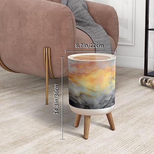 Trash Can with Lid Luxury abstract fluid art painting alcohol ink technique mixture black Press Top Round Small Garbage Bin with Wooden Legs Waste Basket for Kitchen Bedroom Nursery 7L/1.8 Gallon