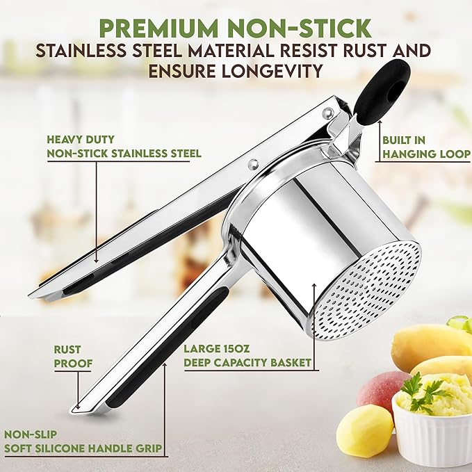 Large 15oz Potato Ricer Fixed Disc - Heavy Duty Stainless Steel Potato Masher and Ricer for Mashed Potatoes | Non Slip Baby Food Squeezer, Kitchen Gadget Tool for Food Press & Food Mill