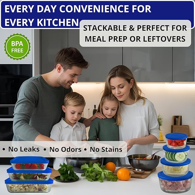 1, 2, 4 & 7 Cup Blue Round & 3, 6, 11 Cup Blue Rectangle Replacement Lids/Covers for Pyrex, Anchor Hocking & KlareWare Storage Bowls *Lids Only -Glass Container Not Included*, 14 Pack *2 of Each Size*