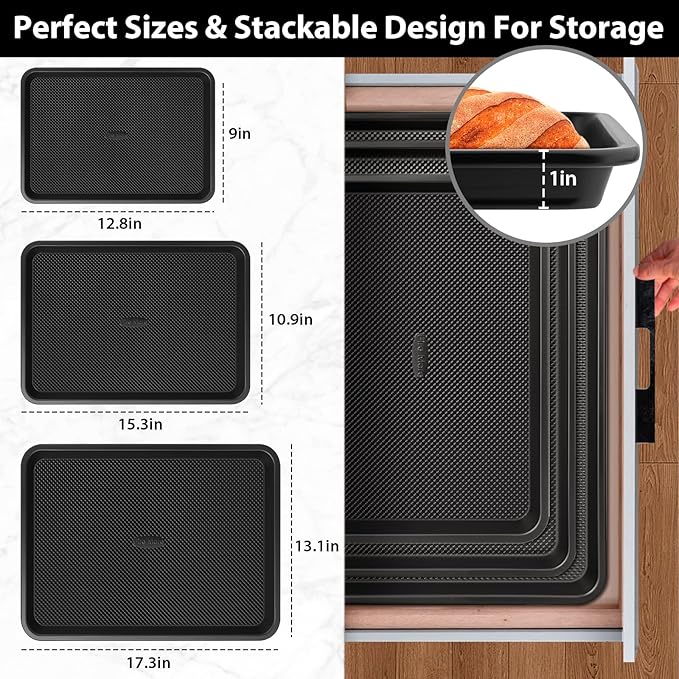 Nonstick Cookie Sheets for Baking with Cooling Rack Set of 4, 0.8mm Thick Heavy Duty Baking Sheets for Oven, Half/Quarter/Jelly Roll Pans Oven Trays, Baking Pan Set with Diamond Texture