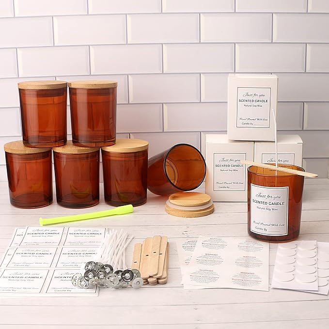 MILIVIXAY 12 Pack 7 OZ Amber Glass Candle Jars with Lids and Candle Making Kits - Bulk Empty Candle Jars for Making Candles - Spice, Powder Containers.