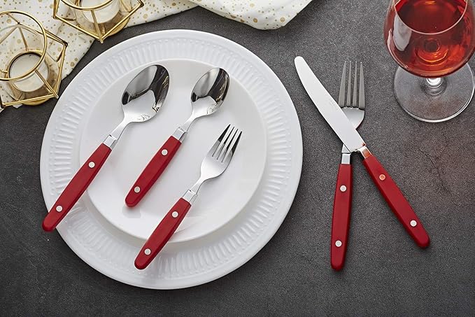ANNOVA Silverware Set, Retro/Rivet Colorful Stainless Steel Tableware Kitchen Flatware Set Utensils, Includes Dinner Knives, Forks, Spoons, Salad Forks & Dessert Spoons (Red, 20 Pieces)