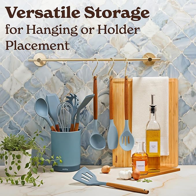 Silicone Kitchen Utensils Set & Holder: Cooking Utensils Set - Kitchen Essentials for New Home & 1st Apartment- Silicone Spatula Set, Cooking Spoons for Nonstick Cookware (Acacia Wood, Blue)