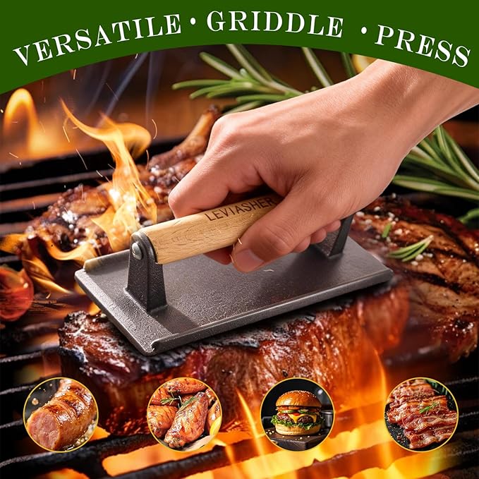 2.2lbs Heavy-Duty Cast Iron BBQ Grill Press for Bacon Burger Sandwich Steak Meat Paninis Vegetable, Griddle Food Press for Weber Blackstone Chef Pitboss Cooking, Rectangular Wood Handle
