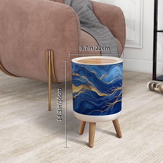 Trash Can with Lid abstract blue marble golden veins painted artificial marbled surface Press Top Round Small Garbage Bin with Wooden Legs Waste Basket for Kitchen Bedroom Nursery 7L/1.8 Gallon