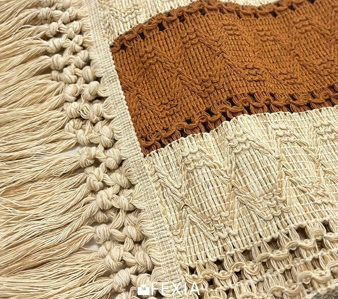 FEXIA Boho Table Runner for Home Decor with Tassels 60 Inches Long,Caramel Farmhouse Rustic Table Runner Macrame Burlap Table Decoration for Living Room Bridal Shower(12x60 Inches)