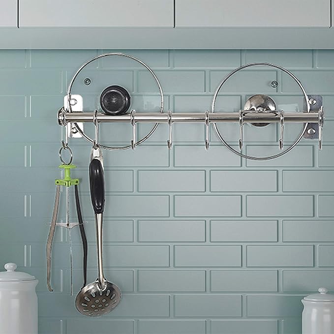 Dseap Kitchen Hooks for Hanging Utensils, Hanging Pot Rack, Kitchen Utensil Hanger Rail with 8 Hooks for Pots Pans, Spoons, Mugs, Wall Mounted, Stainless Steel, Chromed, Pack of 2
