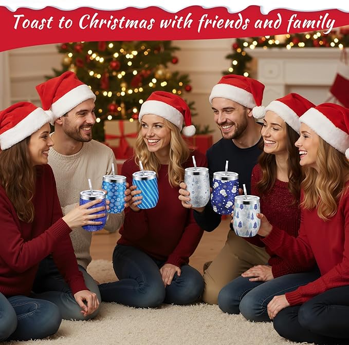Sliner 6 Pack Pack Christmas Glitter Tumbler Bulk, 12 oz Holiday Wine Tumbler Set Stainless Steel Insulated Sparkling Glitter Cup with Lids Straws and Brushes Travel Mug Xmas Gift (Snowflake Style)