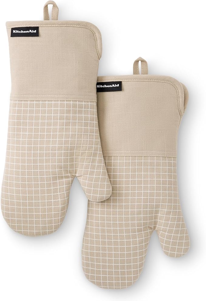 KITCHENAID Gourmet Series Gridlines Oven Mitts 2-Pack Set, Heat Resistant up to 600°F, Soft Silicone Grip, Magnetic Cuff, Milkshake Tan, 7"x14"
