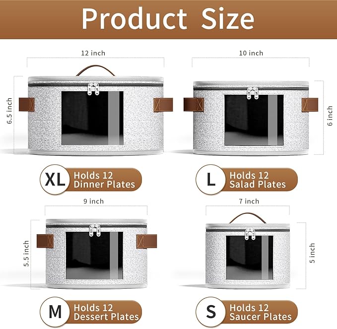 4 Piece China Storage Containers, Dish Storage Containers with Clear Windows, Hard Shell Plate Organizer with Handles, Stackable Stemware Storage Cases, Moving Boxes for Dishes, Plates, Light Gray