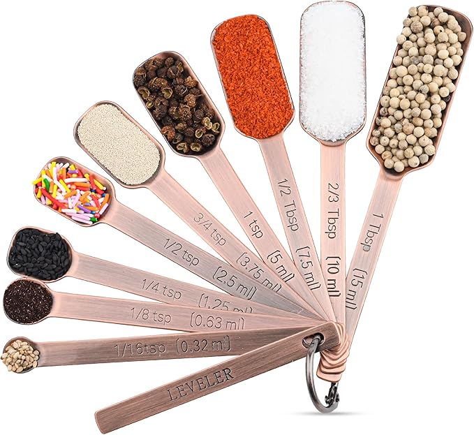 Copper Measuring Cups and Spoons Set 17, 7 Stainless Steel Measuring Cups&9 Long Hanlde Narrow Measuring Spoons for Spice Jar&Leveler, Kitchen Metric&US Measure Cup Spoons for Dry and Liquid