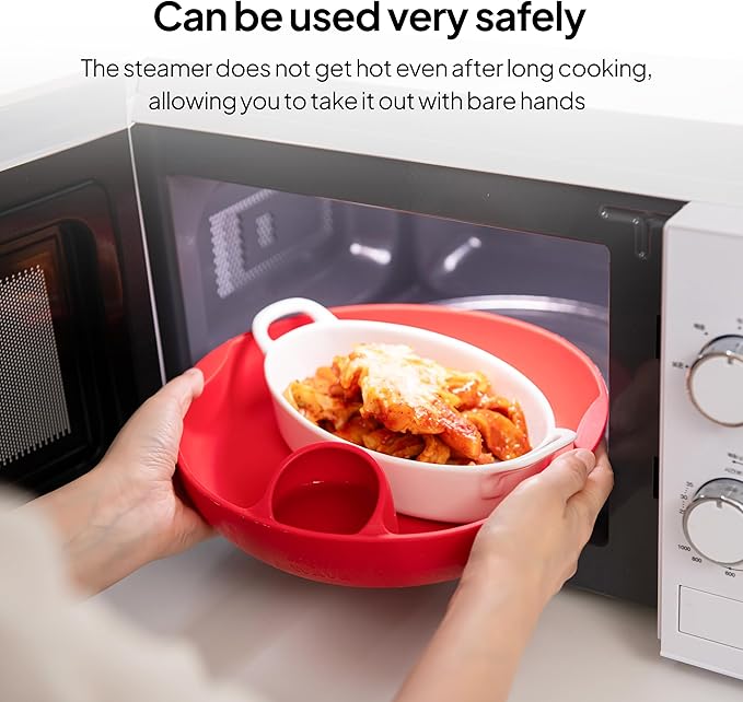 Longtail Company Microwave Steamer Bowl – BPA-Free Silicone Cooking Tray with Water Hole | Steam & Reheat Without Lid | Dishwasher Safe | Defrost, Reheat, Steam Veggies, Pizza, Meals | 9.6in - RED