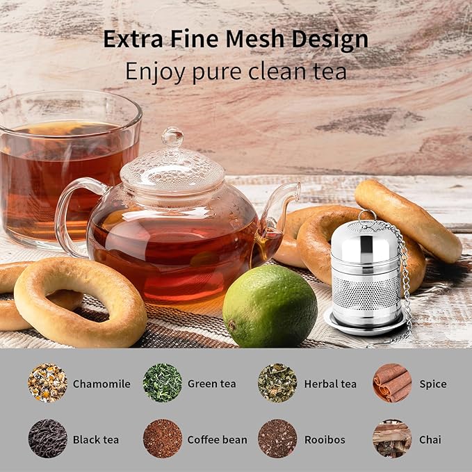 Fri4Free 2PCS Tea Infuser Strainer - Stainless Steel Strainers for Loose Leaf Tea, Steeper, Fine Mesh Ball holder with Chain Hook and Lid, Reusable Filter Bags Diffusers