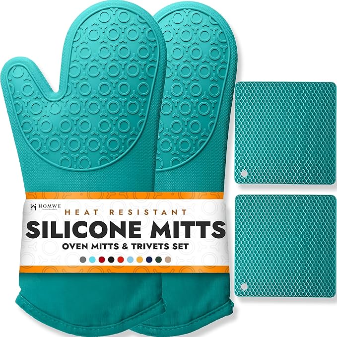 BPA-Free Soft Silicone 4 Piece Oven Mitts & Trivets Set - Ultra Heat Resistant Oven Mitts with Thick Cotton Liner - Long Slip Resistant Pot Holders, Flexible Oven Gloves - Aqua