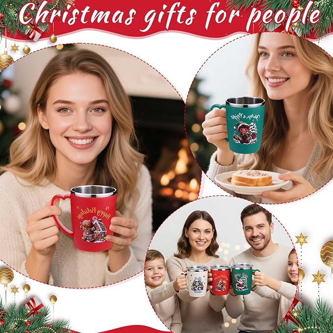 Maxcheck 6 Pcs Christmas Coffee Mugs Cups 16 oz Merry Christmas Stainless Steel Insulated Tumblers Bulk with Handle Lid Straw Brushes Red Green Xmas Tree Santa Claus Mug Gifts for Winter Holiday Party