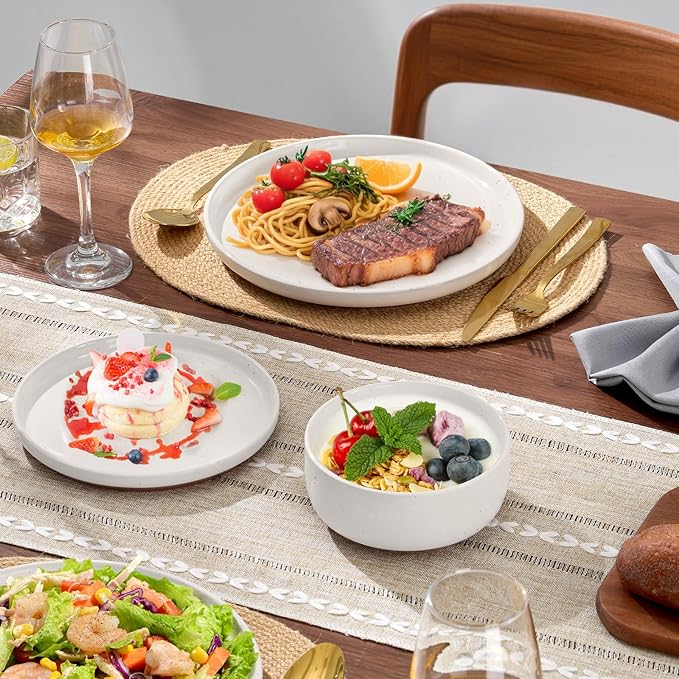 E-far 18-Piece Stoneware Dinnerware Sets, Plates and Bowls Sets for 6, Ceramic Dishware Dishes Set with Terracotta Base, Chip & Scratch Resistant, Microwave & Dishwasher Safe, Speckled White