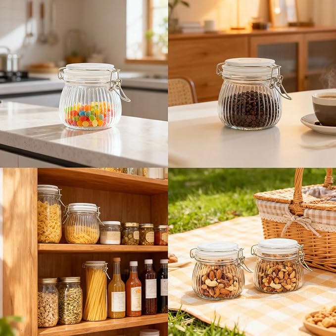 17oz Airtight Glass Jar with Lid, 6 Pack Clamp Lid Glass Storage Jars, Flip Top Food Storage Containers, Wide Mouth Thick Glass Jars for Yogurt Dessert Jam Sugar Snacks Pantry Kitchen Organization