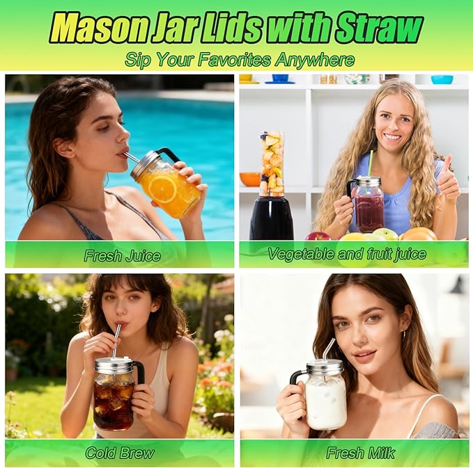 Palksky Mason Jar Lids with Straw Hole & Handle for Regular Mouth Jars, Leak-Resistant Drinking Lids with Extra Silicone Rings, Mason Jar Straw Lids for Iced Coffee, Lemonade, Juice (1 Pack)