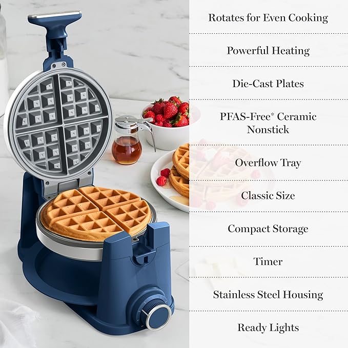 Martha Stewart Rotating Waffle Maker, 180° Flip Iron with PFAS-Free Nonstick Plates, Adjustable Timer, Ready Light, Drip Tray, Space Saving, Classic Round 7”, Easy to Clean, Stainless Steel, Indigo