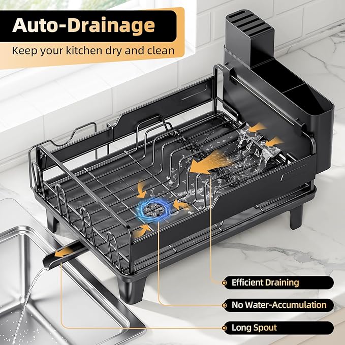 Urackify Dish Drying Rack for Kitchen Counter, Countertop Dish Rack with Drainboard, Multifunctional Dish Drainer with Cups Holder & Cutting Board, Home Plate Storage Rack with Cutlery Holder, Black