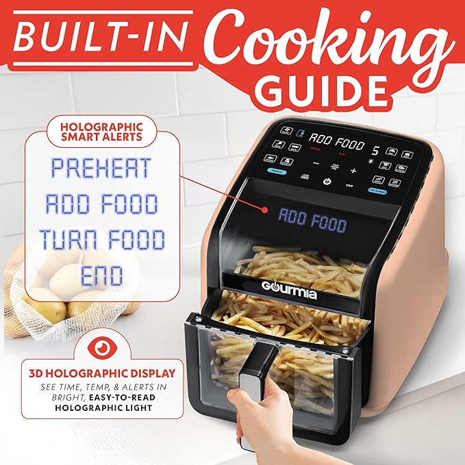 Gourmia Air Fryer 7 QT - Easy View Panorama Window & Interior Light, Guided Cooking with 12 One-Touch Presets, FryForce 360, Dishwasher Safe Accessories, Peach