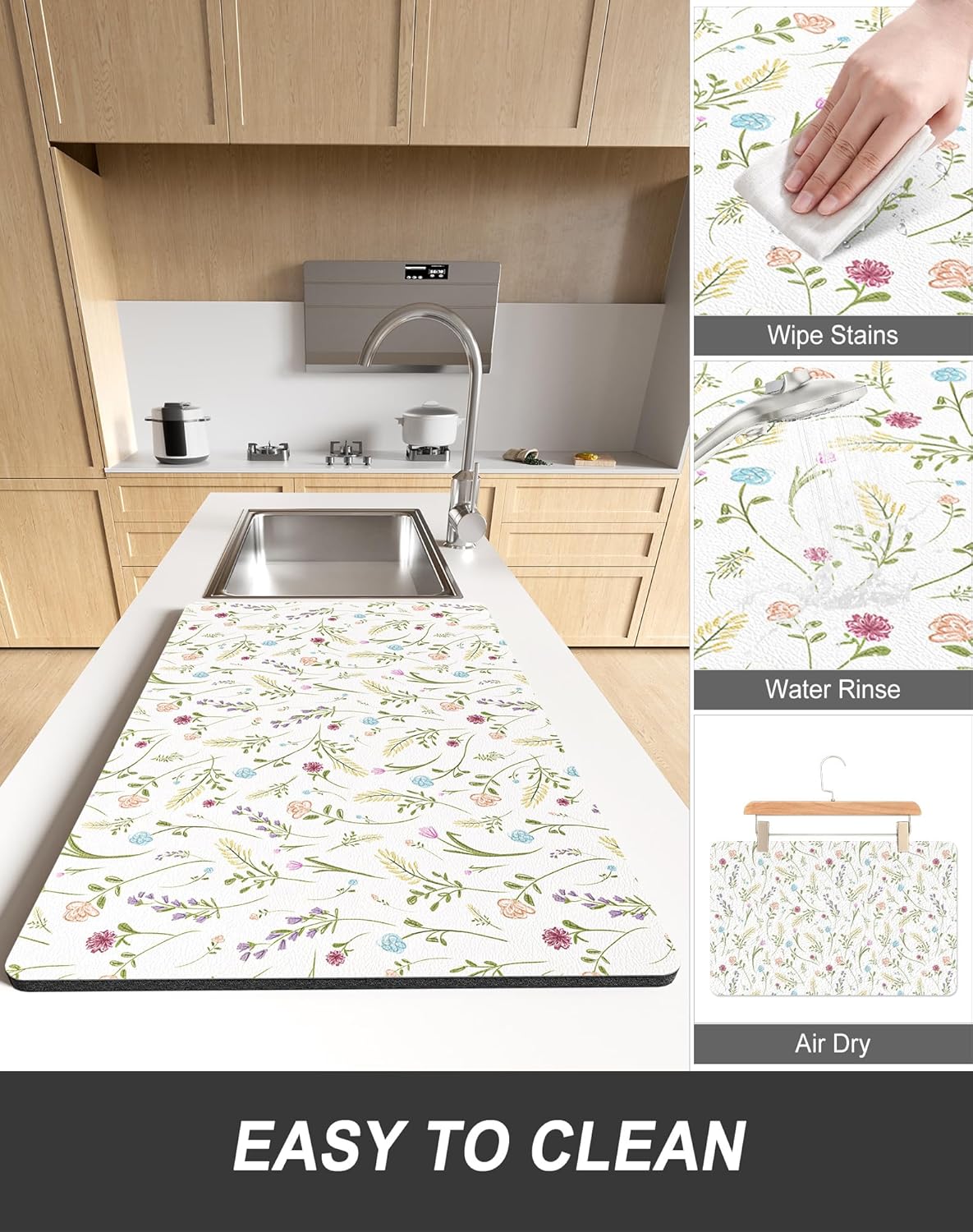 Rnivvi Dish Drying Mat for Kitchen Counter, 12 x 19" Cute Flower Theme Super Absorbent Draining Pad, Non-Slip Heat Resistant Coffee Bar Mat for Coffee Machine Station Accessories, White Dish Rack Pad