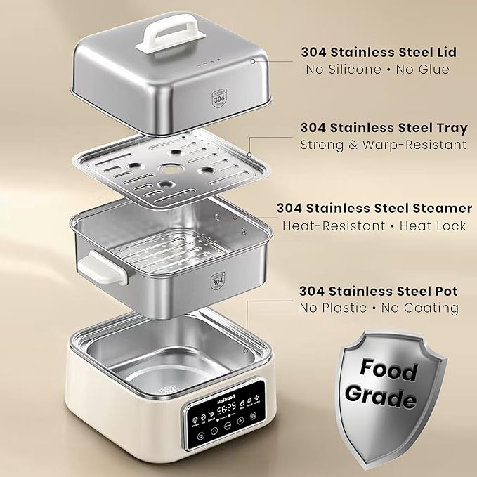 Electric Food Steamer 12.7 QT, Double-Tier 8-in-1 Vegetable & Meal Steamer, Stainless Steel, Timer & Keep Warm, Boil-Dry Protection, Healthy Cooking Kitchen Steamer