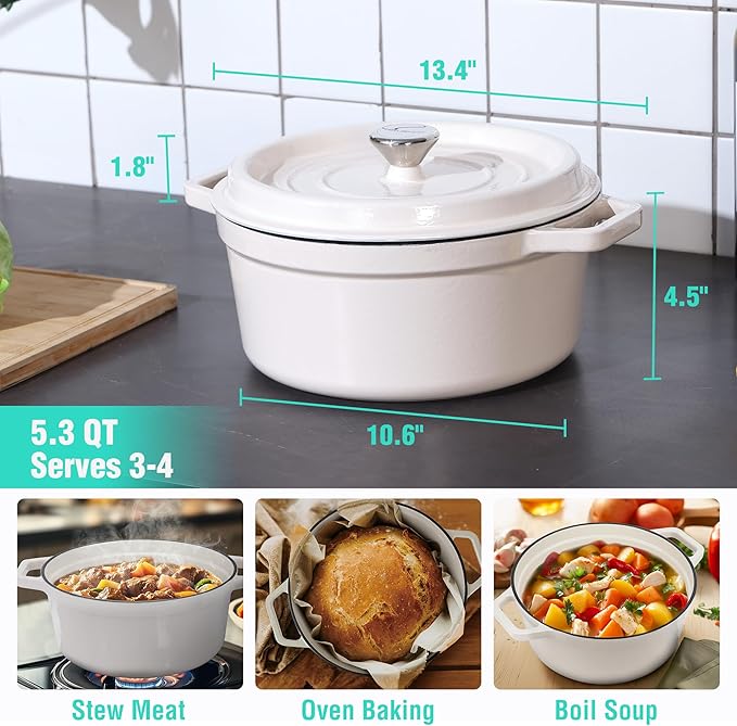 HAUSHOF Silicone Basting Pastry Brush, Heat Resistant Pastry Brush Set HAUSHOF 5.3QT Enameled Cast Iron Dutch Oven with Lid, Non-Stick Pot for Baking, Stewing, Rosting, White