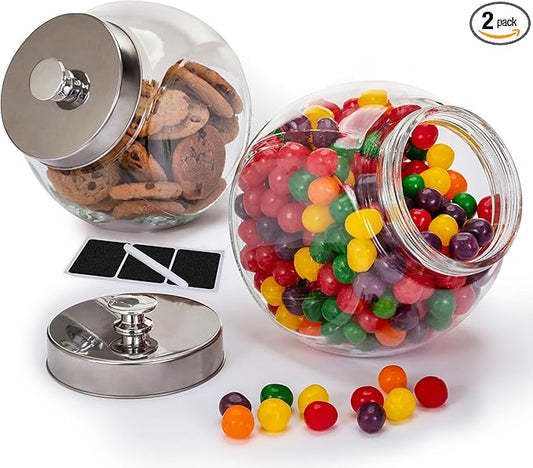 1 Gallon Large Glass Cookie Jars for Kitchen Counter + Marker & Labels - Food Storage Canisters with Airtight Lids, Coin & Penny Jar for Candy Buffet, Coffee, Laundry Detergent Holder, Set of 2.