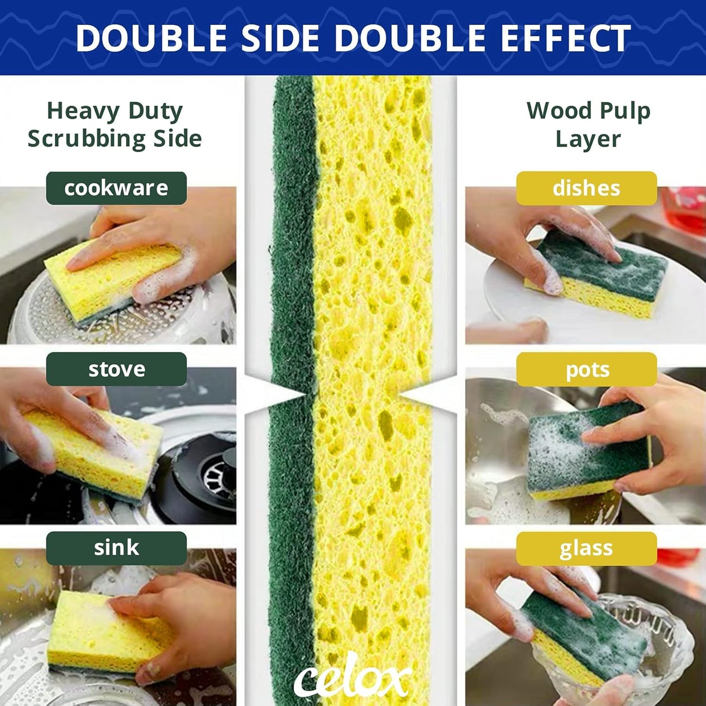 CELOX 6 Pack Dish Sponge for Kitchen, Dual Sided Scrub Heavy Duty, Non Scratch Sponges Perfect for Dishwashing and Household Cleaning, Highly Absorbent and Easy to Dry for Reuse