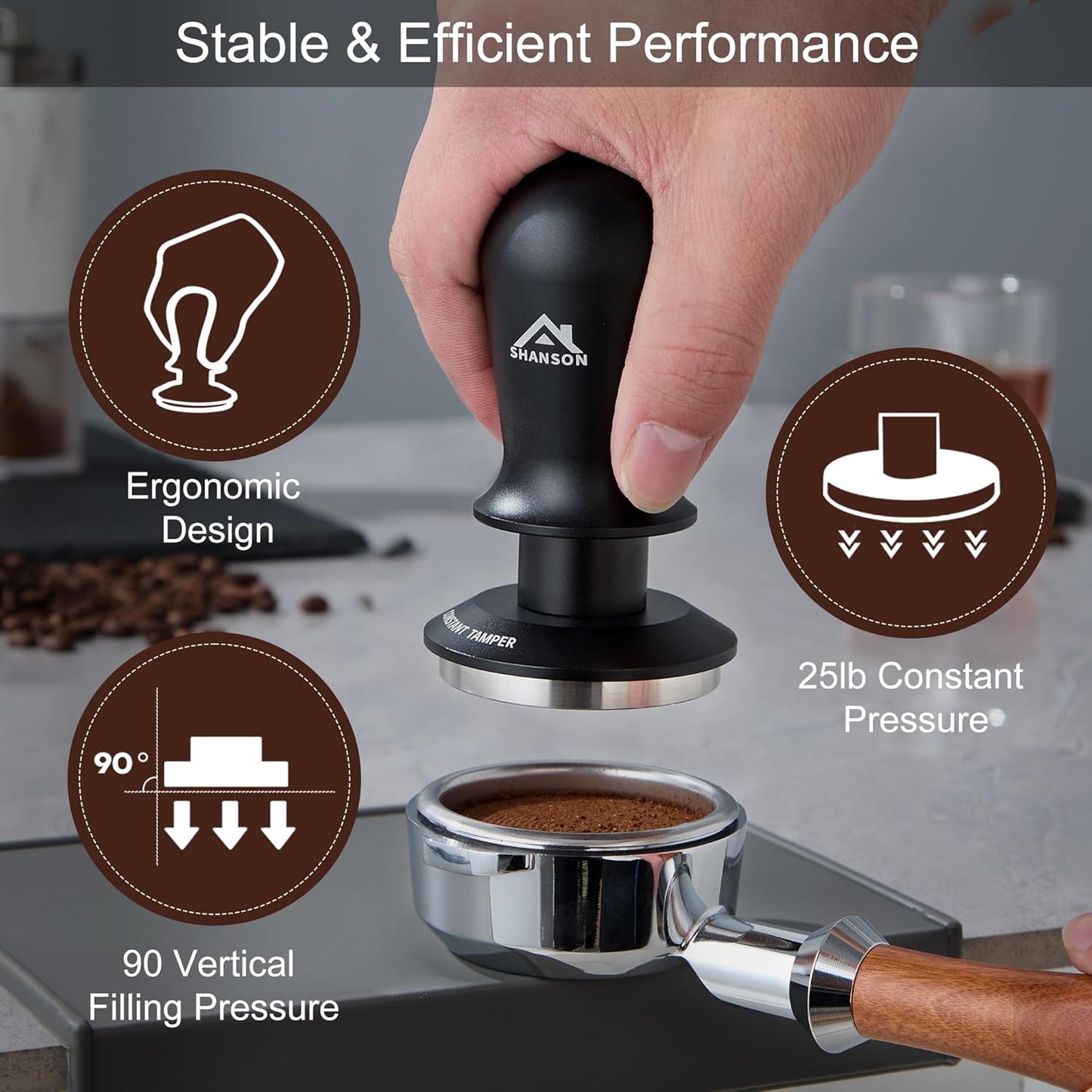 ShanSon 53mm Espresso Tamper,Coffee Accessories,Triple Spring 25lb Constant Pressure, Audible Click Sound Feedback, Stainless Steel Ripple Base,Anodized Aluminum Handle,Tamper Tool Espresso