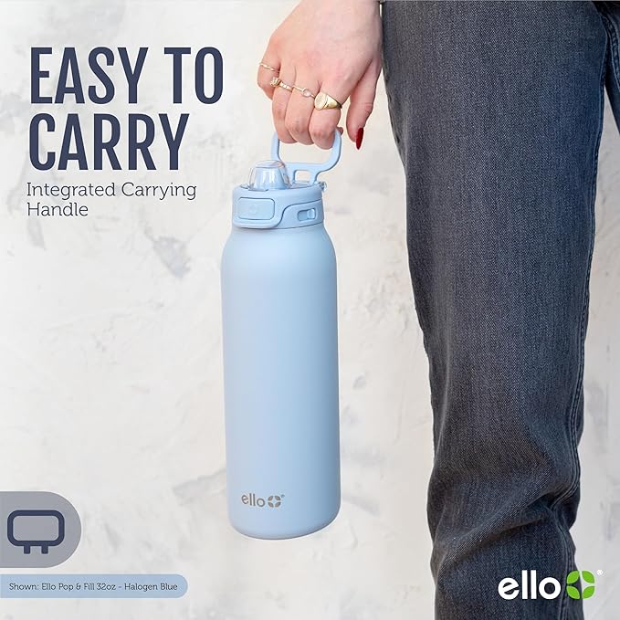 Ello Pop & Fill 22oz Stainless Steel Water Bottle with QuickFill Technology, Double Walled and Vacuum Insulated, Leak Proof Locking Lid, Straw and Chug, Fits Cupholder, Reusable BPA Free, Strawberries