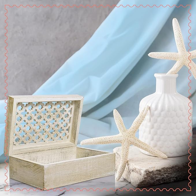 Mela Artisans Trellis Mango Wood Decorative Storage Box – Hand-Carved Wooden Jewelry Box for Keepsakes, Accessories & Home Decor – Whitewash, Large, 9 x 6 x 3.5