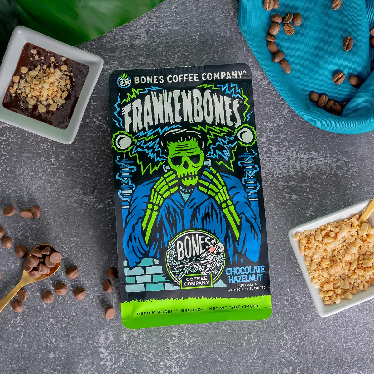 Bones Coffee Company Frankenbones Chocolate and Hazelnut Flavored Coffee, Medium Roast Low Acid Arabica Beans Compatible with Auto drip and French Press Coffee Maker, 12 Oz Ground