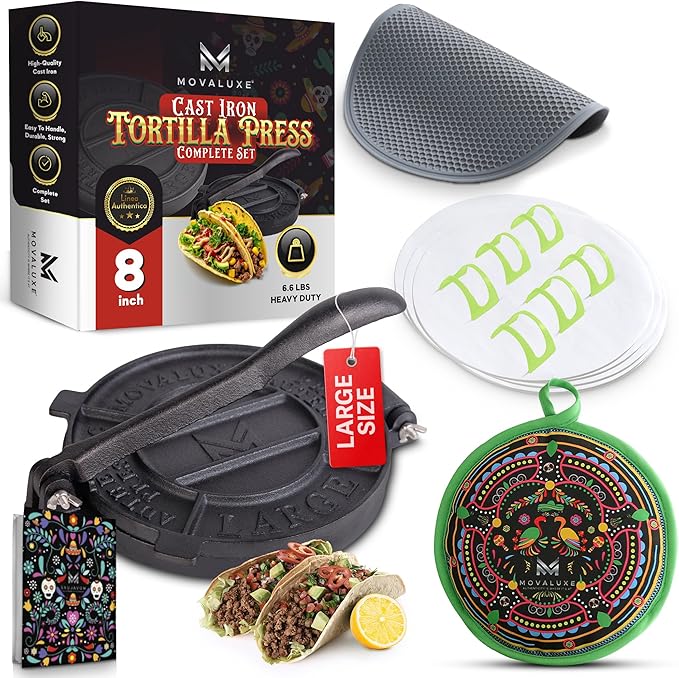 Movaluxe® Tortilla Press 8 Inch Cast Iron LARGE – Corn & Flour Roti Maker Machine Heavy Duty Tortillera Presser. With Parchment Paper, Warmer Pouch, Taco Holders, Rubber Mat & Digital Culinary Guide